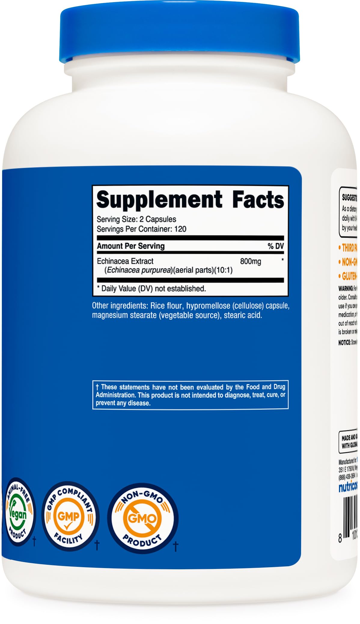 Nutricost Echinacea bottle label highlighting quality and dietary features.