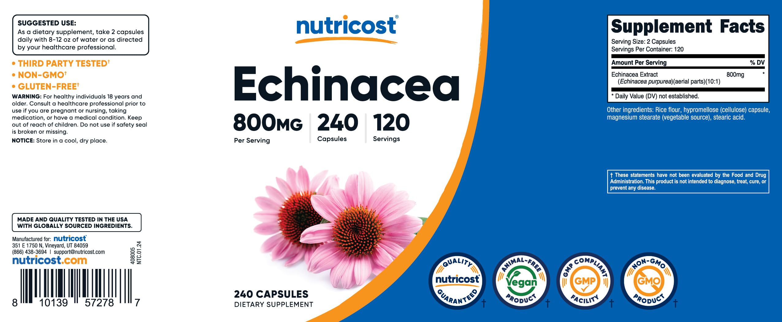 Nutricost Echinacea capsules for daily routine, easy to swallow.