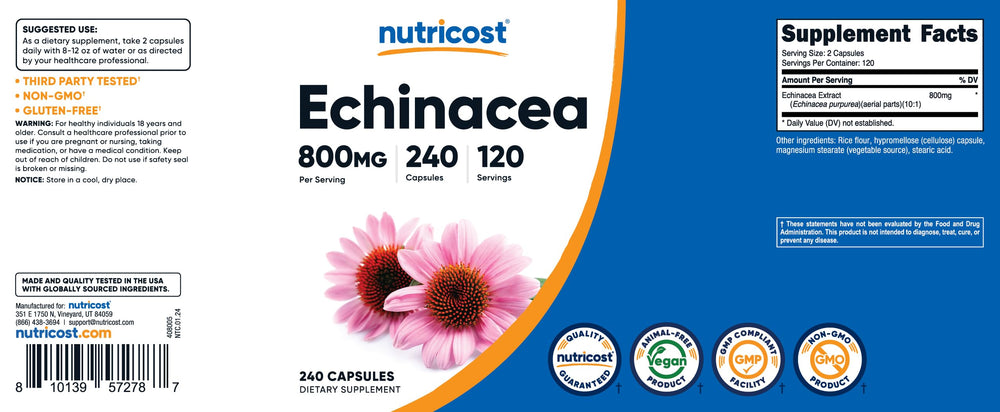 Nutricost Echinacea capsules for daily routine, easy to swallow.