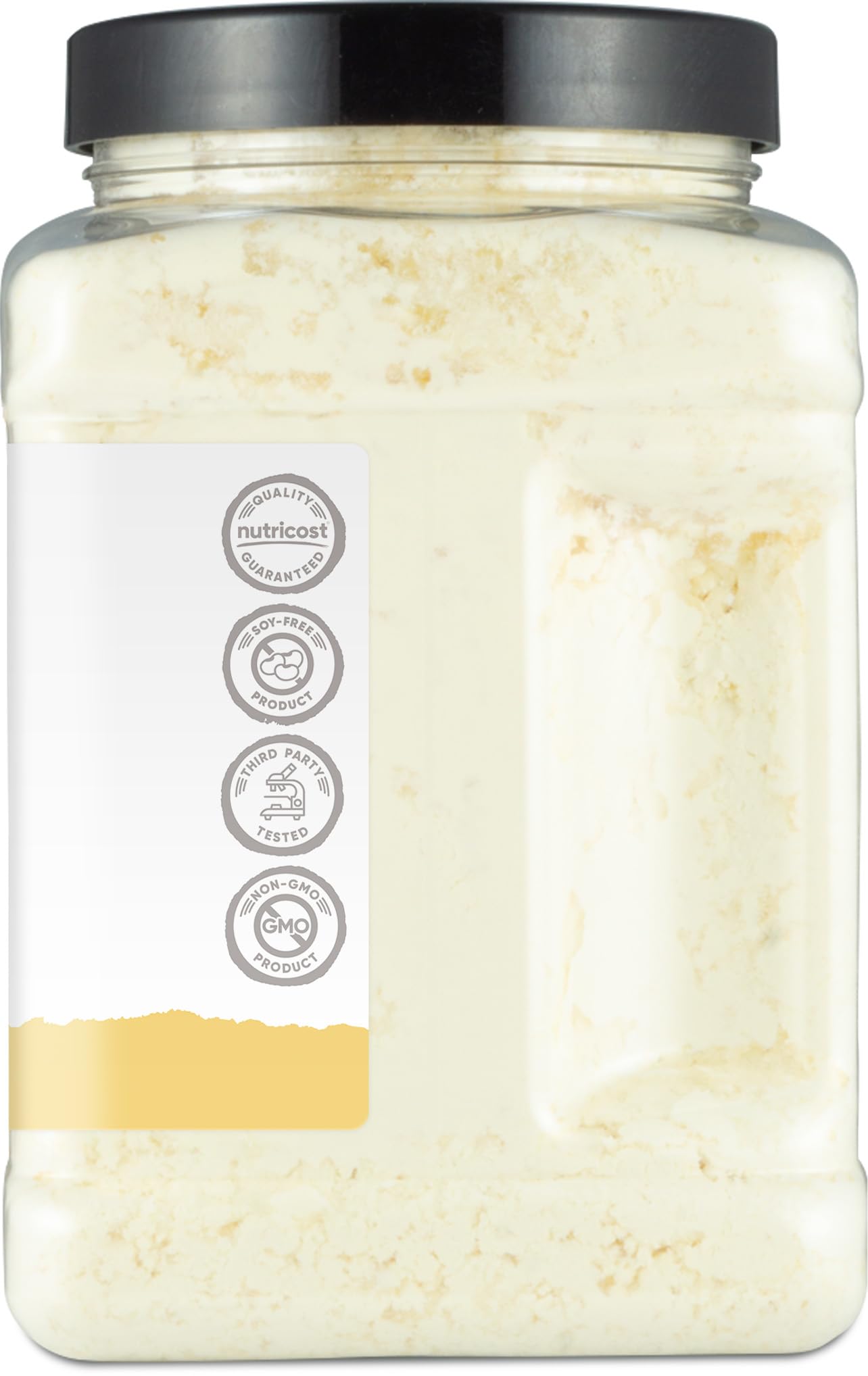 Nutricost egg white protein powder 1lb label highlighting GMP and NSF certification