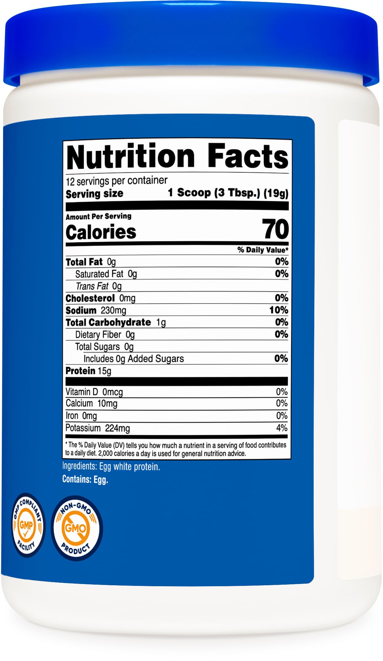 Nutricost Egg White Protein Powder label close-up highlights gluten-free, non-GMO quality.