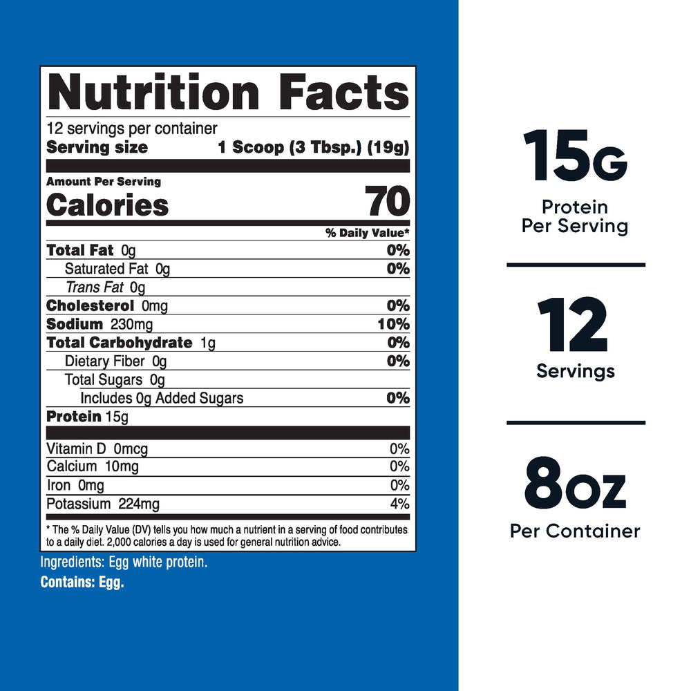 Nutricost Egg White Protein Powder scoop highlights an easy 18 g serving for quick prep.