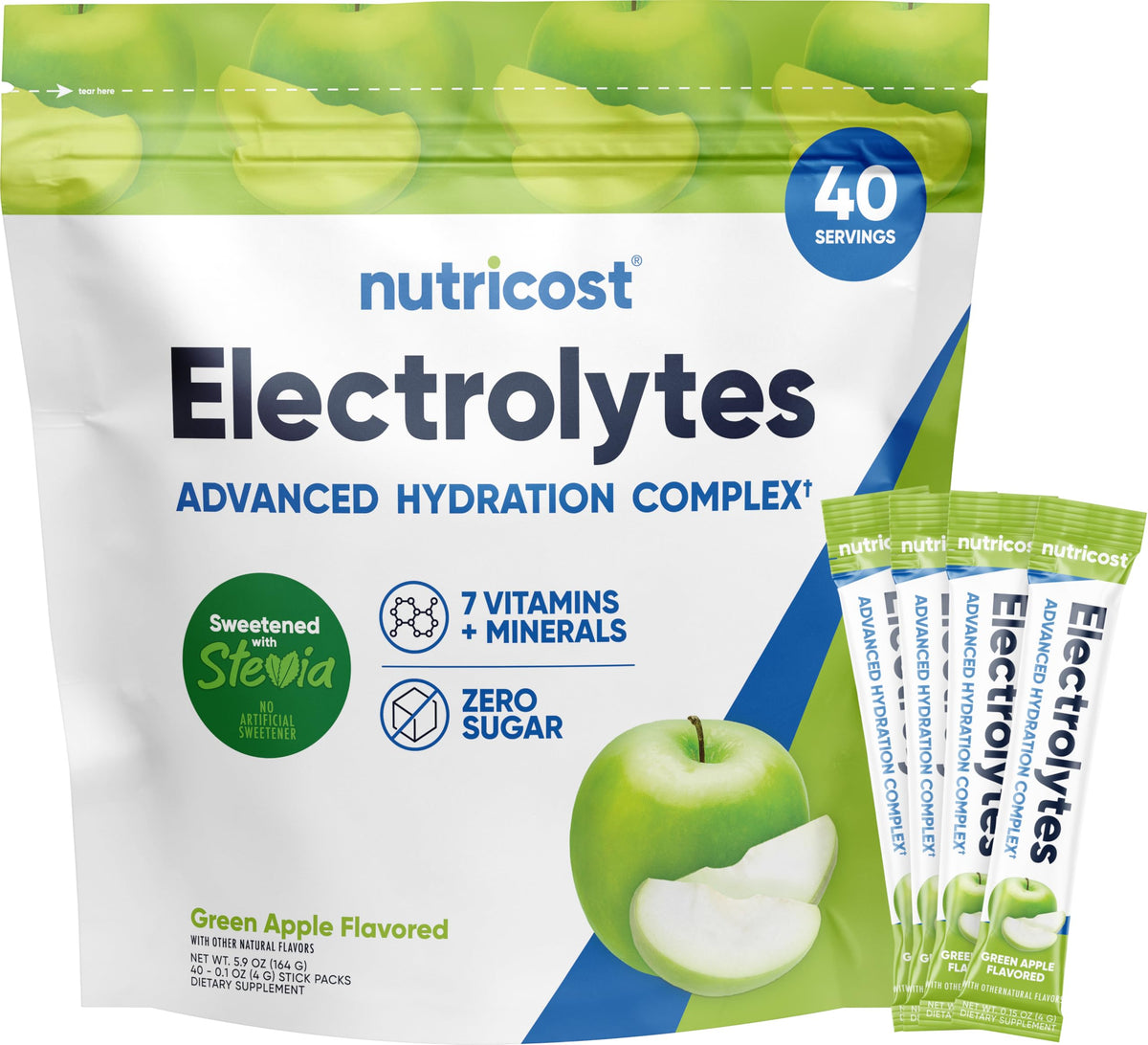 Nutricost Electrolitos Complex, paquete individual de manzana verde para hidratación en movimiento
