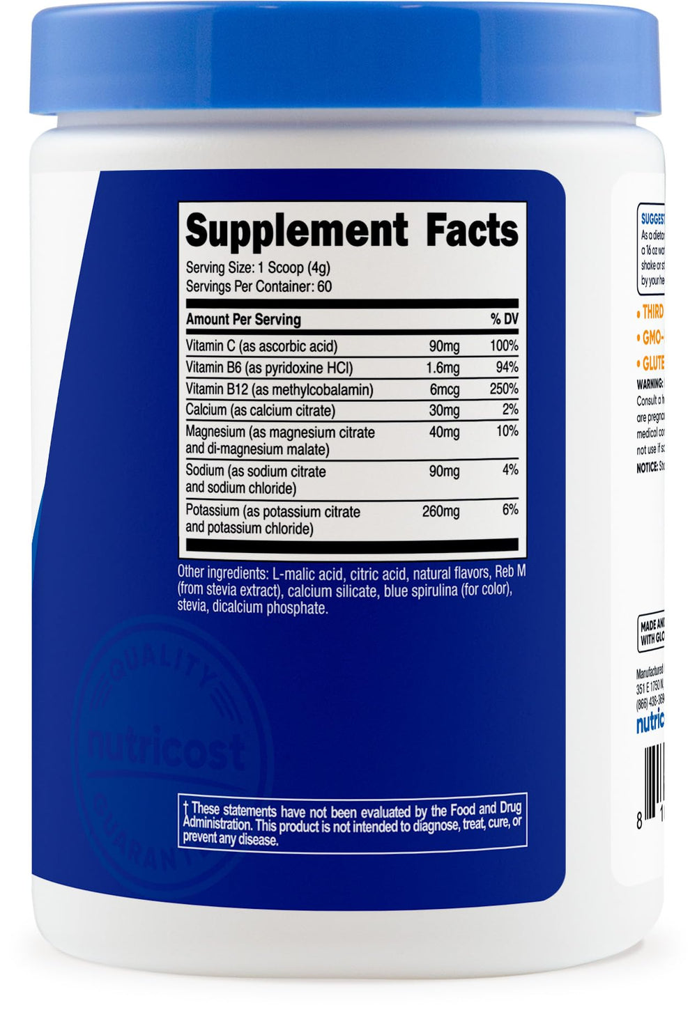 Nutricost Electrolyte Complex blue raspberry label showcases flavor for on the go hydration