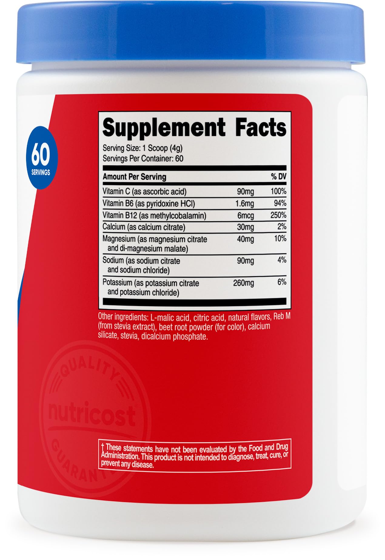 Nutricost Electrolyte Complex packaging emphasizes safety and GMP standards.