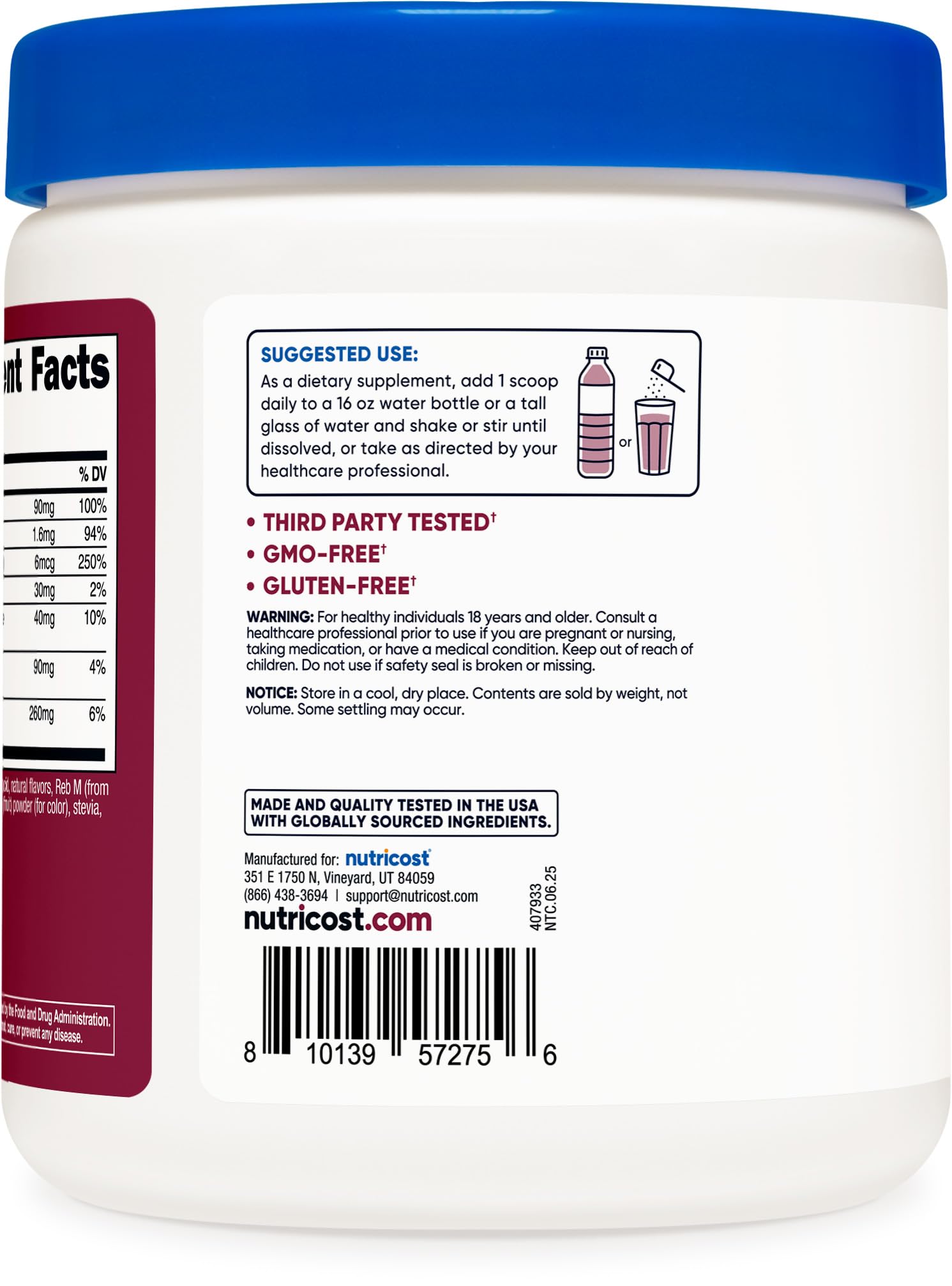 Nutricost Electrolyte Complex grape label close-up highlights quality and ingredients.