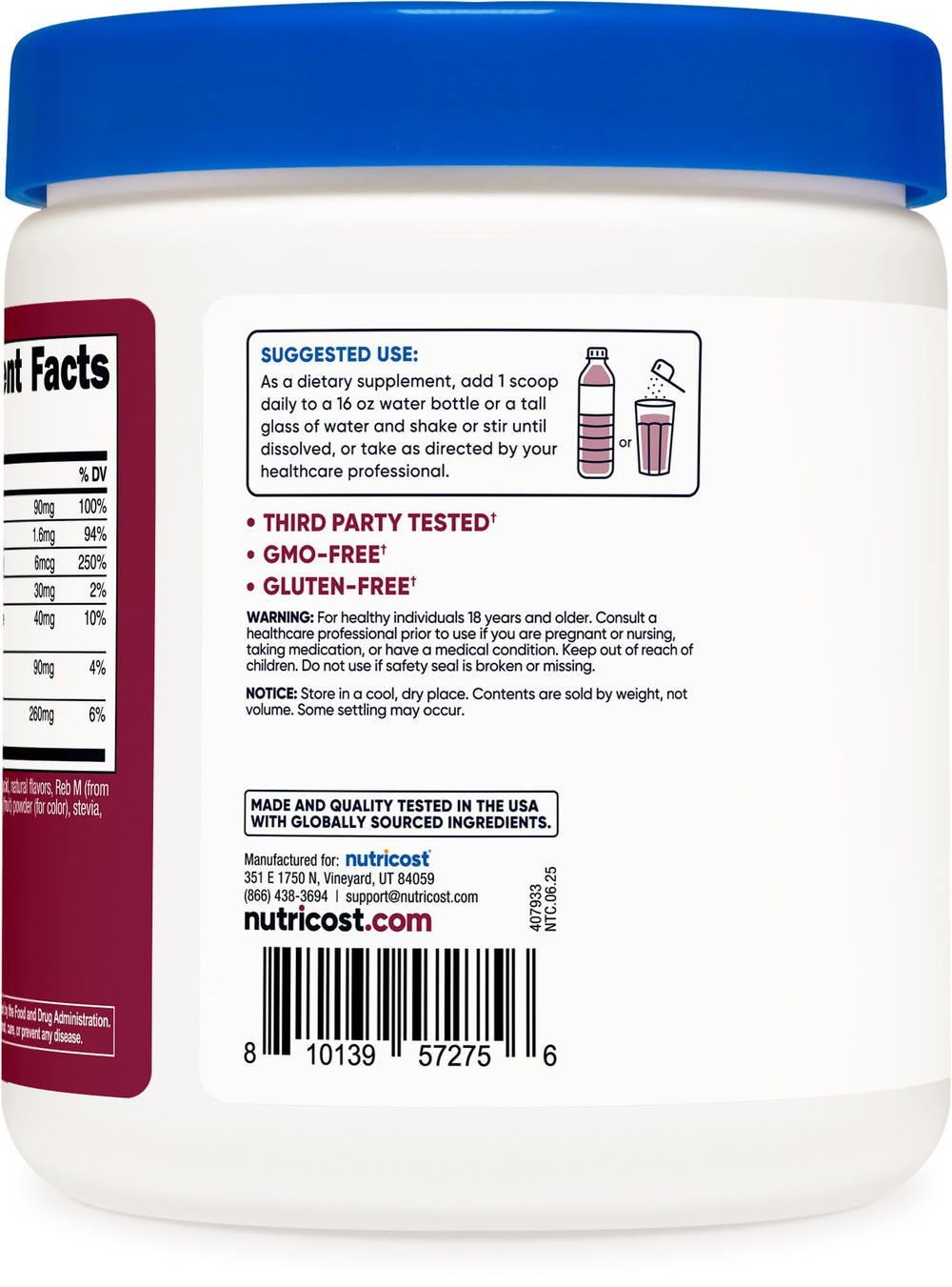 Nutricost Electrolyte Complex grape label close-up highlights quality and ingredients.
