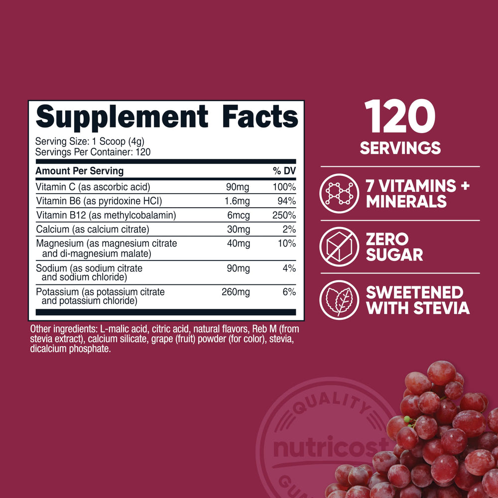 Nutricost Electrolyte Complex grape scoop beside prepared drink for fast hydration.
