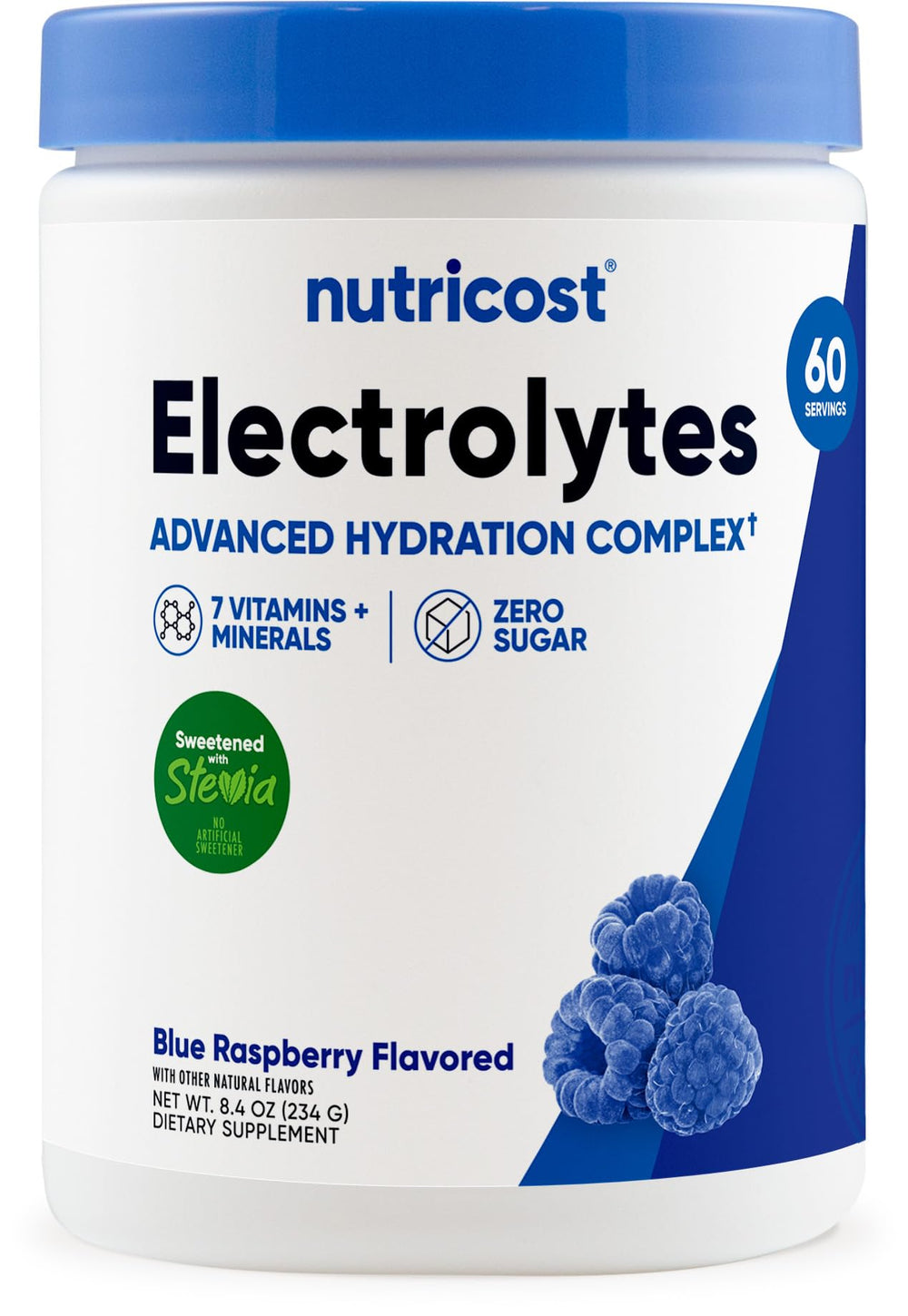 Nutricost Electrolyte Complex tub front shows packaging for convenient hydration