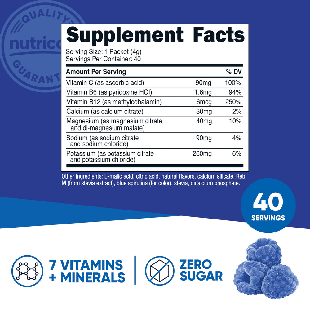 Nutricost Electrolytes Complex blue raspberry dissolving in water for quick refreshment.