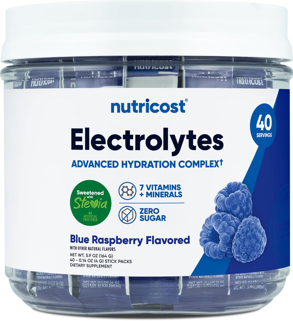 Nutricost Electrolytes Complex blue raspberry stickpack ready for on-the-go hydration.
