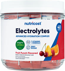 Nutricost Electrolytes Complex fruit punch stickpack closeup for on-the-go hydration.