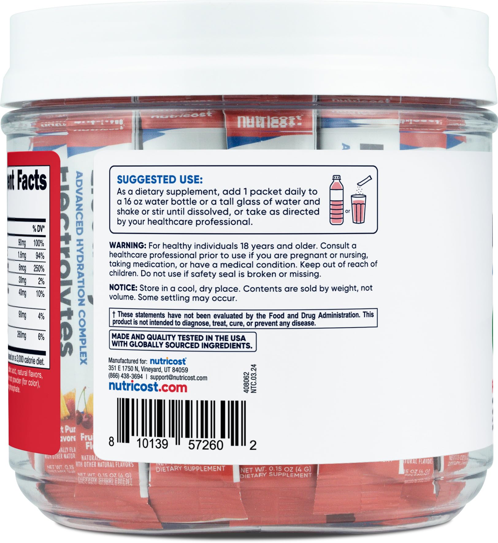 Nutricost Electrolytes Complex fruit punch stickpack scoop beside glass shows convenience.