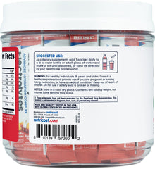 Nutricost Electrolytes Complex fruit punch stickpack scoop beside glass shows convenience.