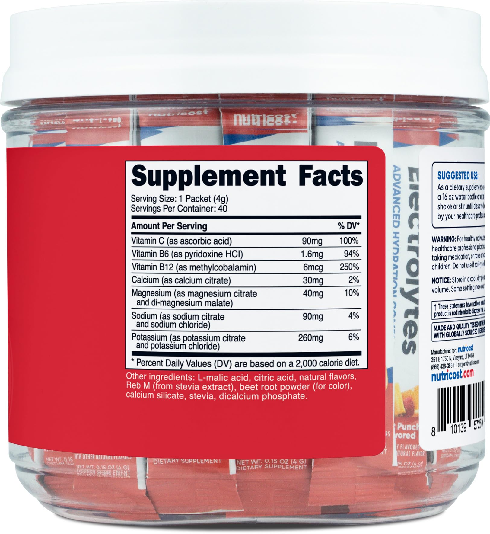Nutricost Electrolytes Complex fruit punch stickpack serving enables easy hydration on the go.