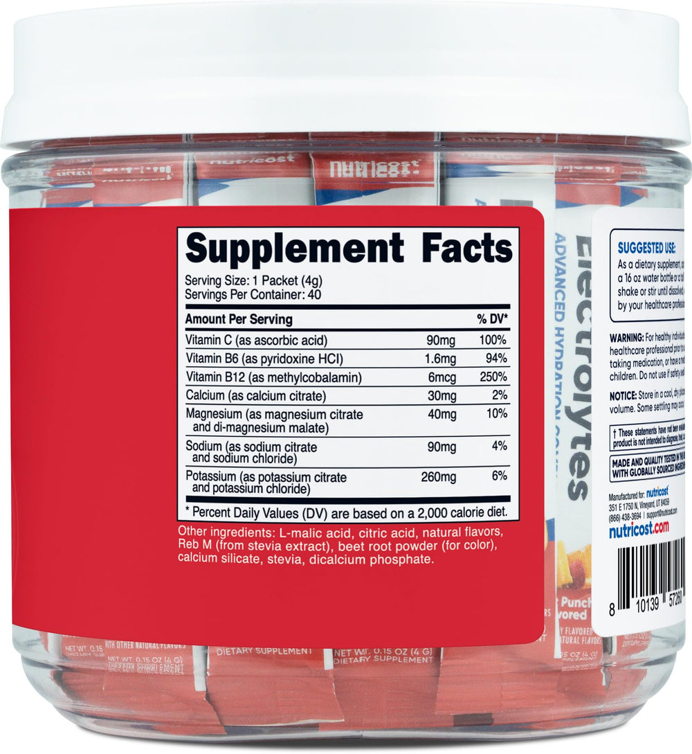 Nutricost Electrolytes Complex fruit punch stickpack serving enables easy hydration on the go.
