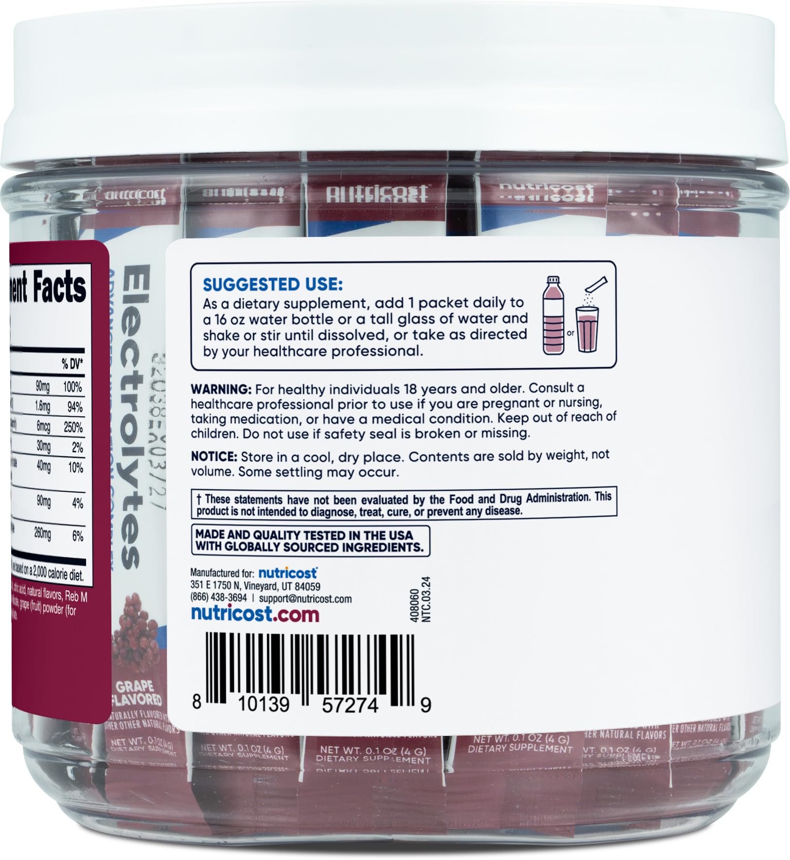 Nutricost Electrolytes Complex grape packaging for easy storage.