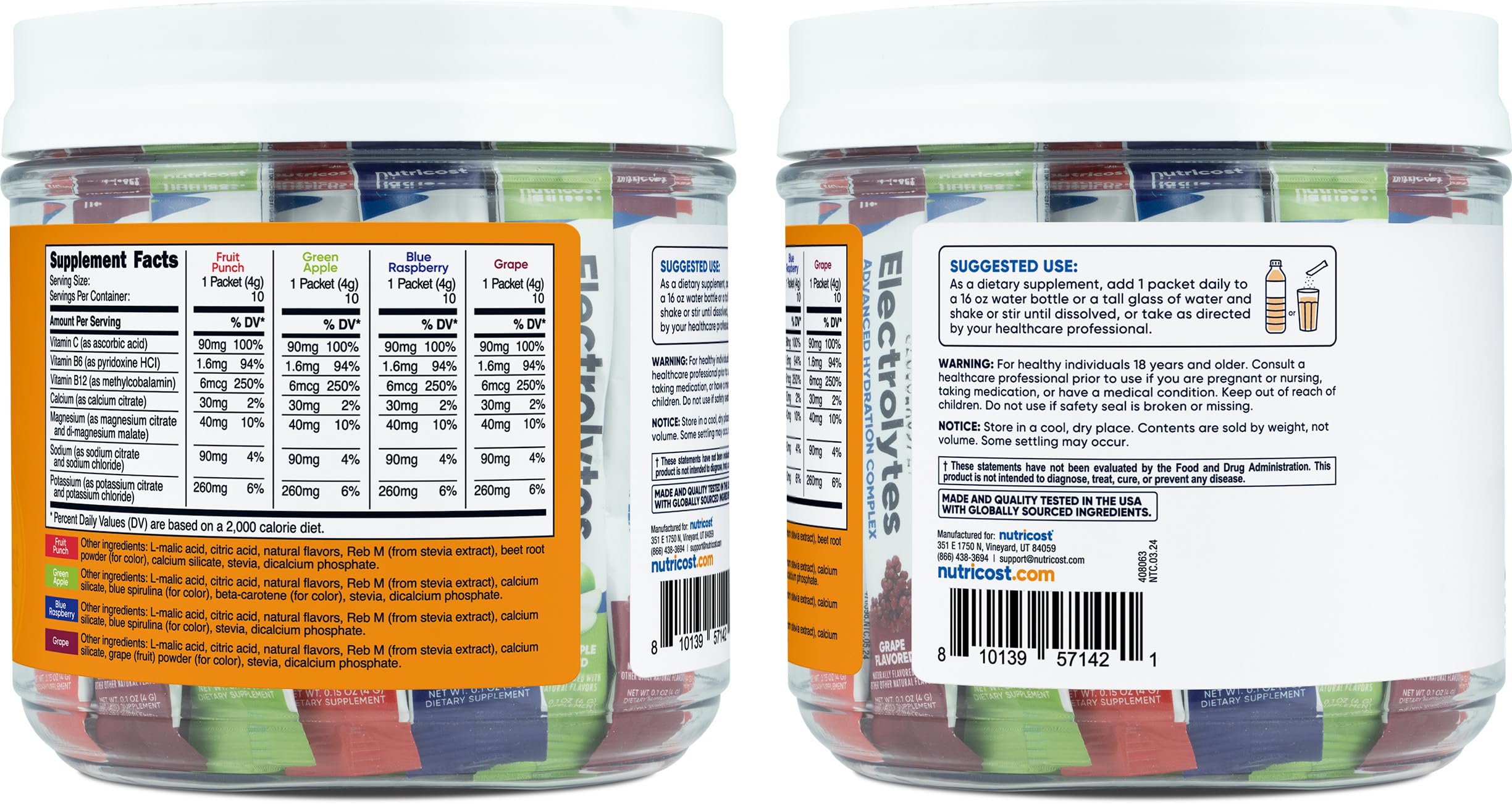 Nutricost Electrolytes Complex grape stickpack providing naturally sweetened flavor.