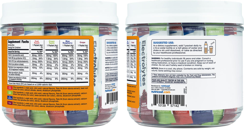 Nutricost Electrolytes Complex grape stickpack providing naturally sweetened flavor.