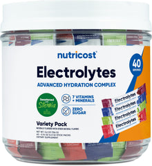 Nutricost Electrolytes Complex green apple stickpack for refreshing on-the-go hydration.