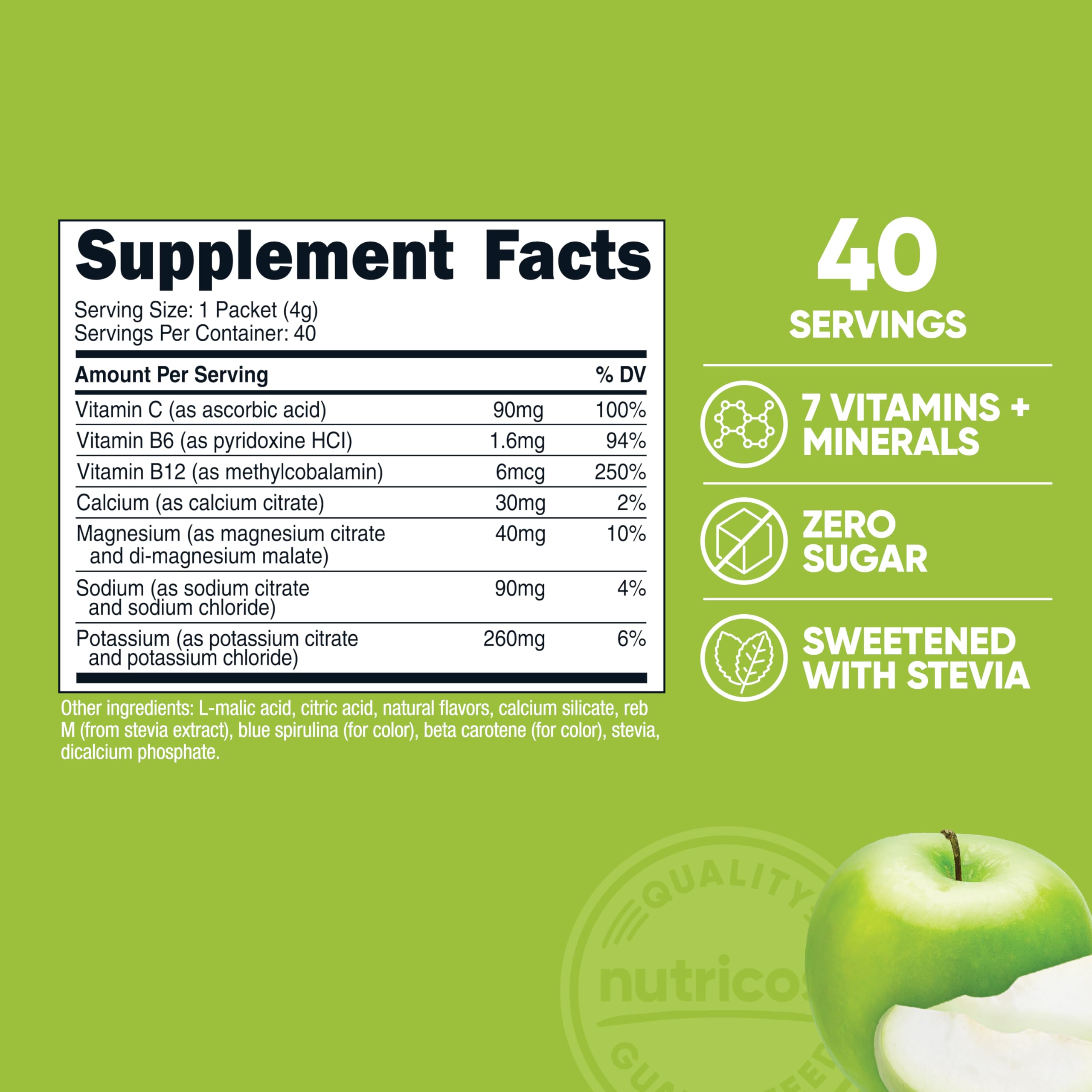 Close-up of Nutricost Electrolytes Green Apple stickpack with zero sugar formula.