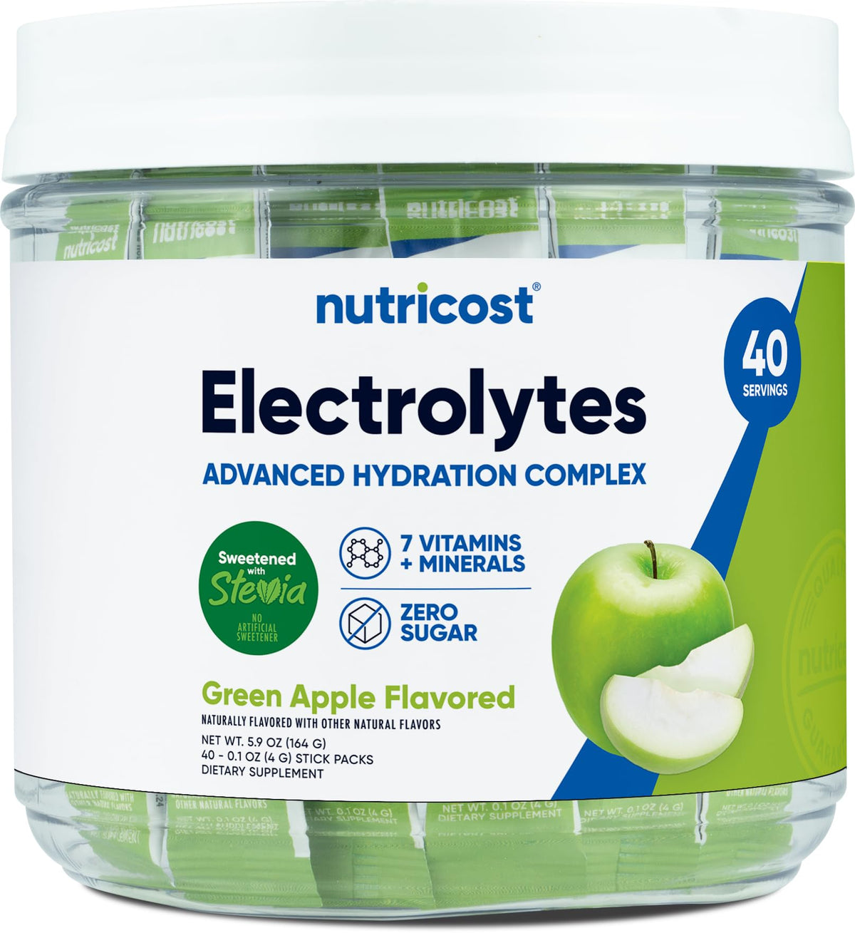 Nutricost Electrolytes Green Apple stickpack on counter for on-the-go hydration.