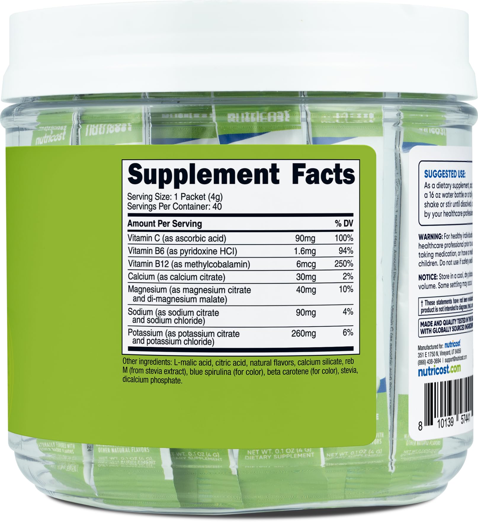 Nutricost Electrolytes Green Apple stickpacks tucked in a gym bag for travel hydration.