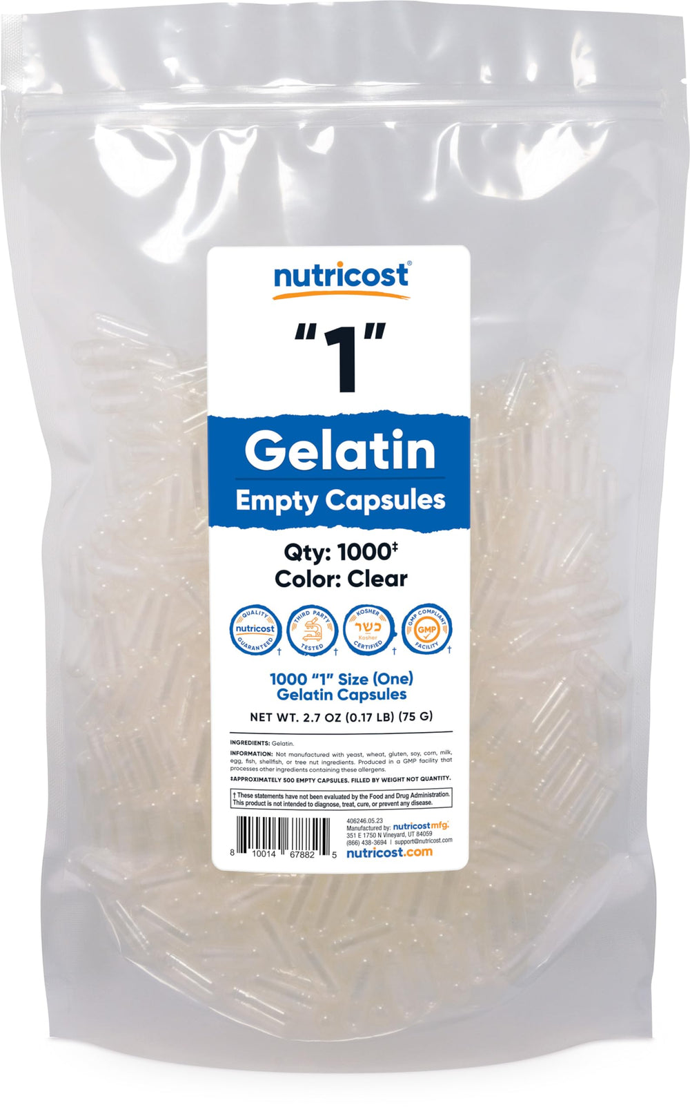 Nutricost empty gelatin capsules size 1 with clear shells, ideal for custom blends.