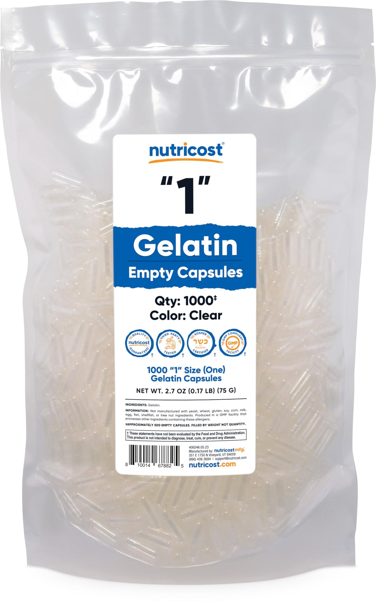 Nutricost empty gelatin capsules size 1 with clear shells, ideal for custom blends.