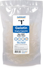 Nutricost empty gelatin capsules size 1 with clear shells, ideal for custom blends.