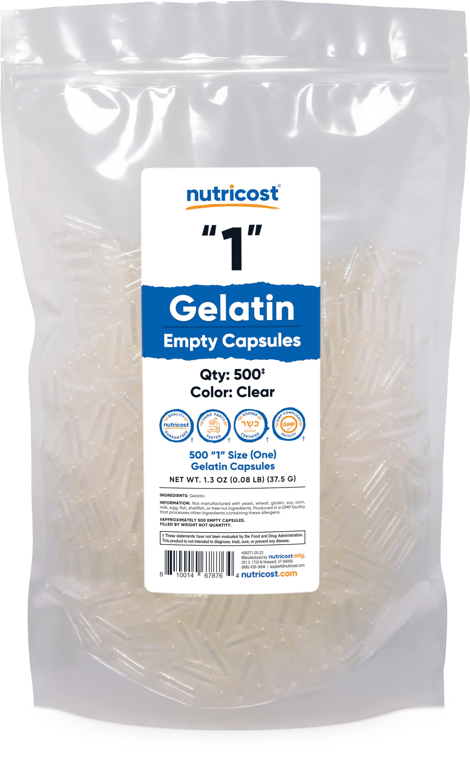 Nutricost empty gelatin capsules size 1 in clear bottle for personalized blends.