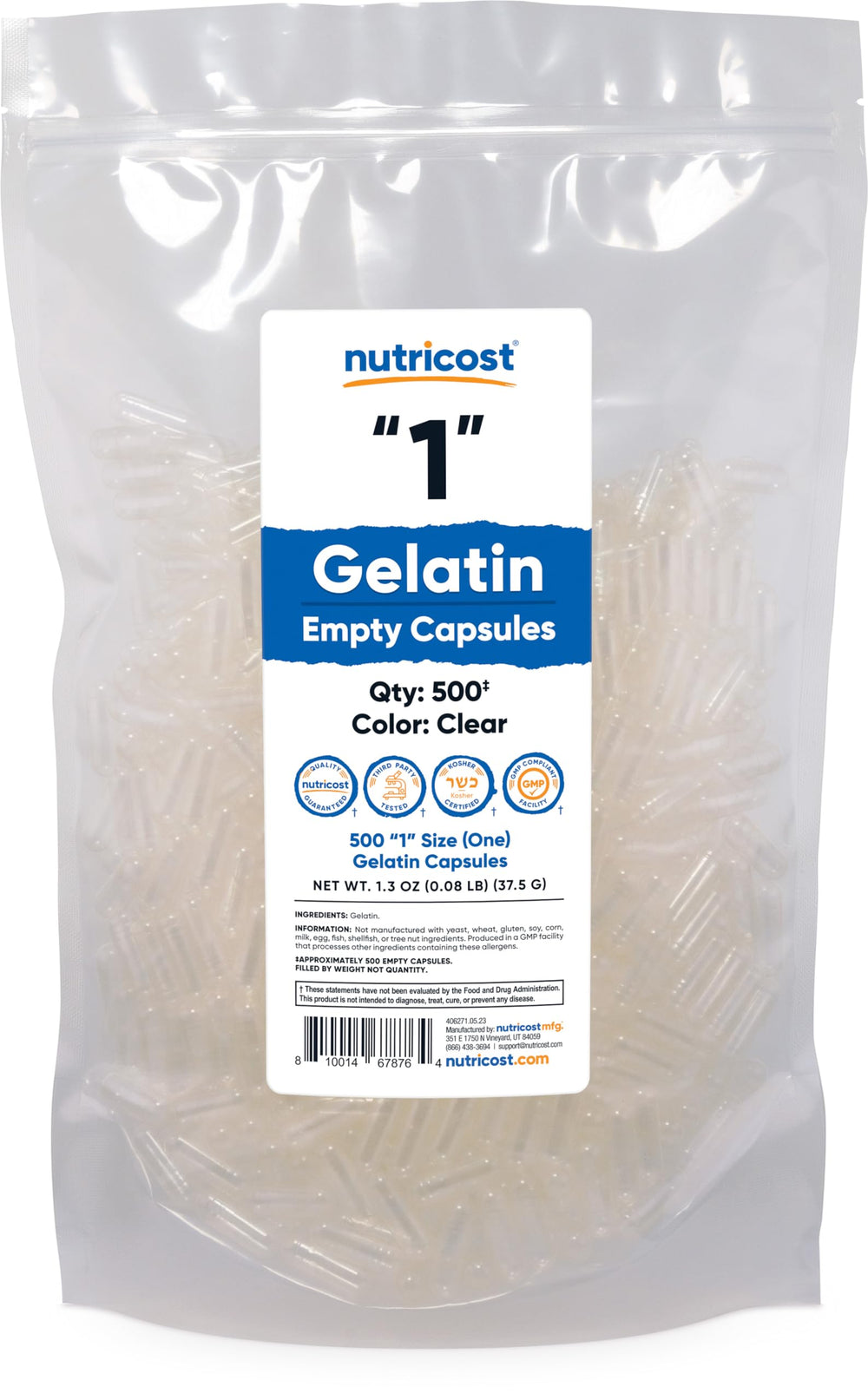 Nutricost empty gelatin capsules size 1 in clear bottle for personalized blends.