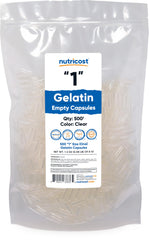Nutricost empty gelatin capsules size 1 in clear bottle for personalized blends.