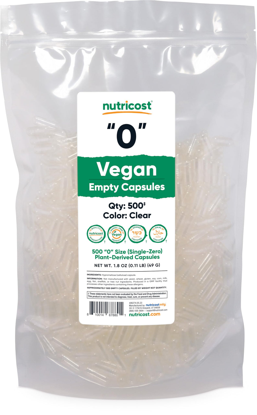 Nutricost vegan empty capsules size 0 in a clear bottle for DIY supplements.