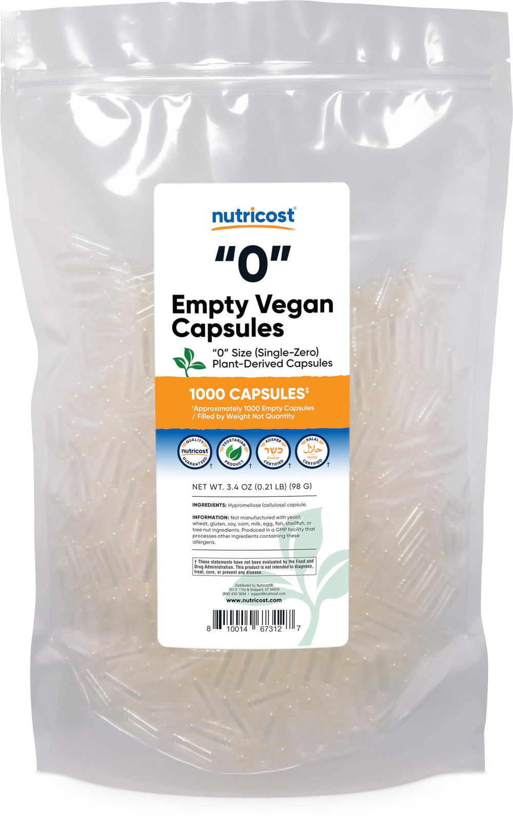 Nutricost Empty Capsules Size 0 plant-based 1,000-count for DIY blends.