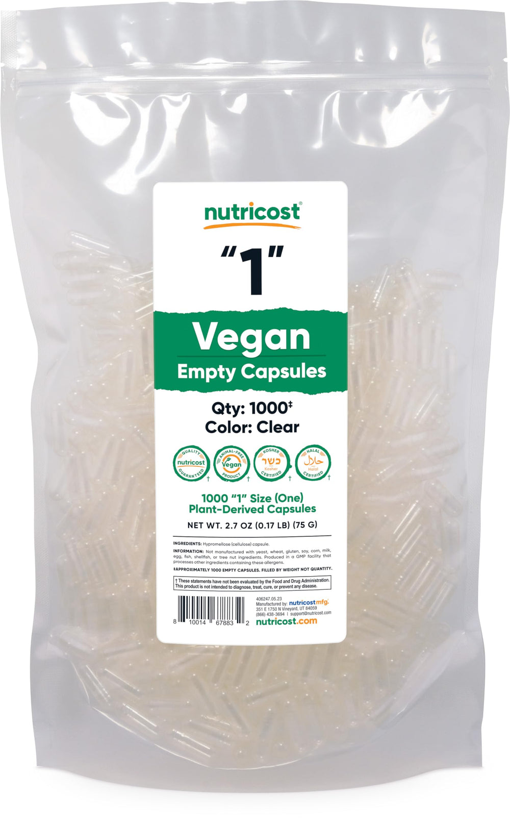 Nutricost Empty Capsules Size 1 front view for customizable, plant-based supplements.