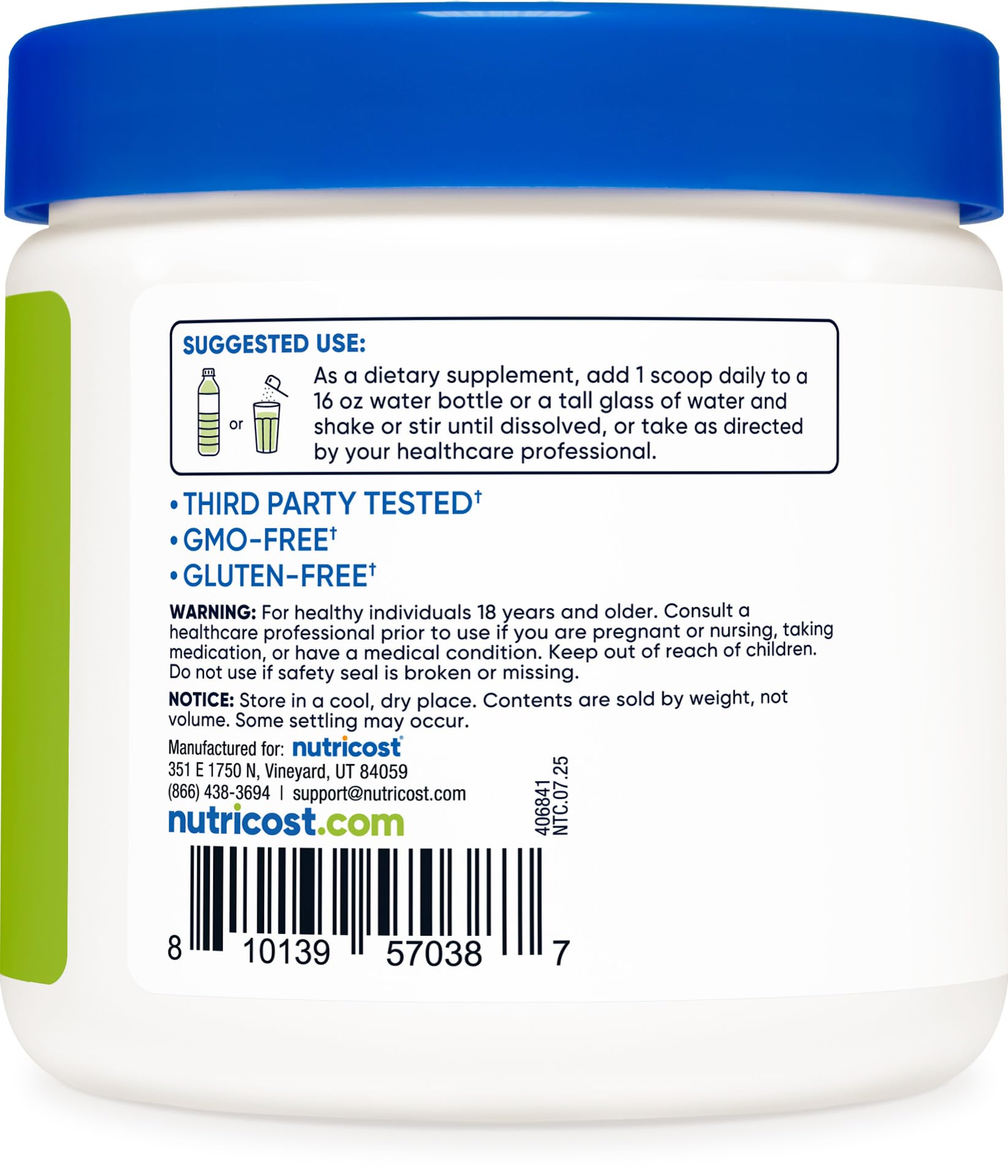 Nutricost Energy Complex Green Apple label highlighting caffeine and gluten-free formula