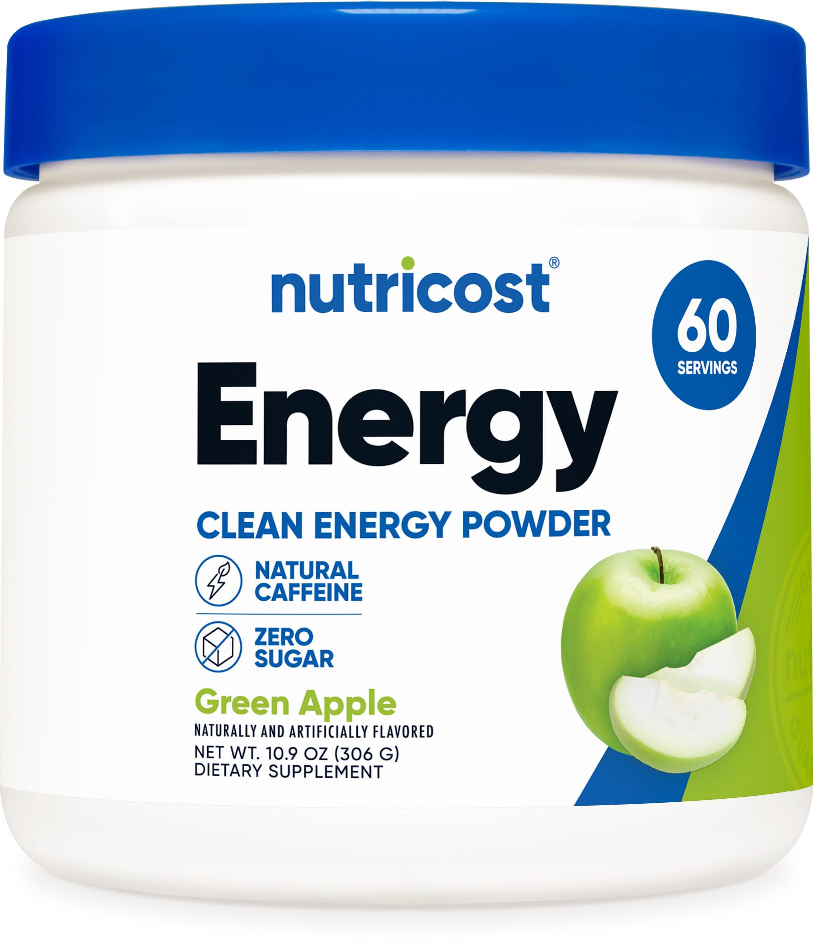Nutricost Energy Complex Green Apple tub close-up showing label and flavor profile