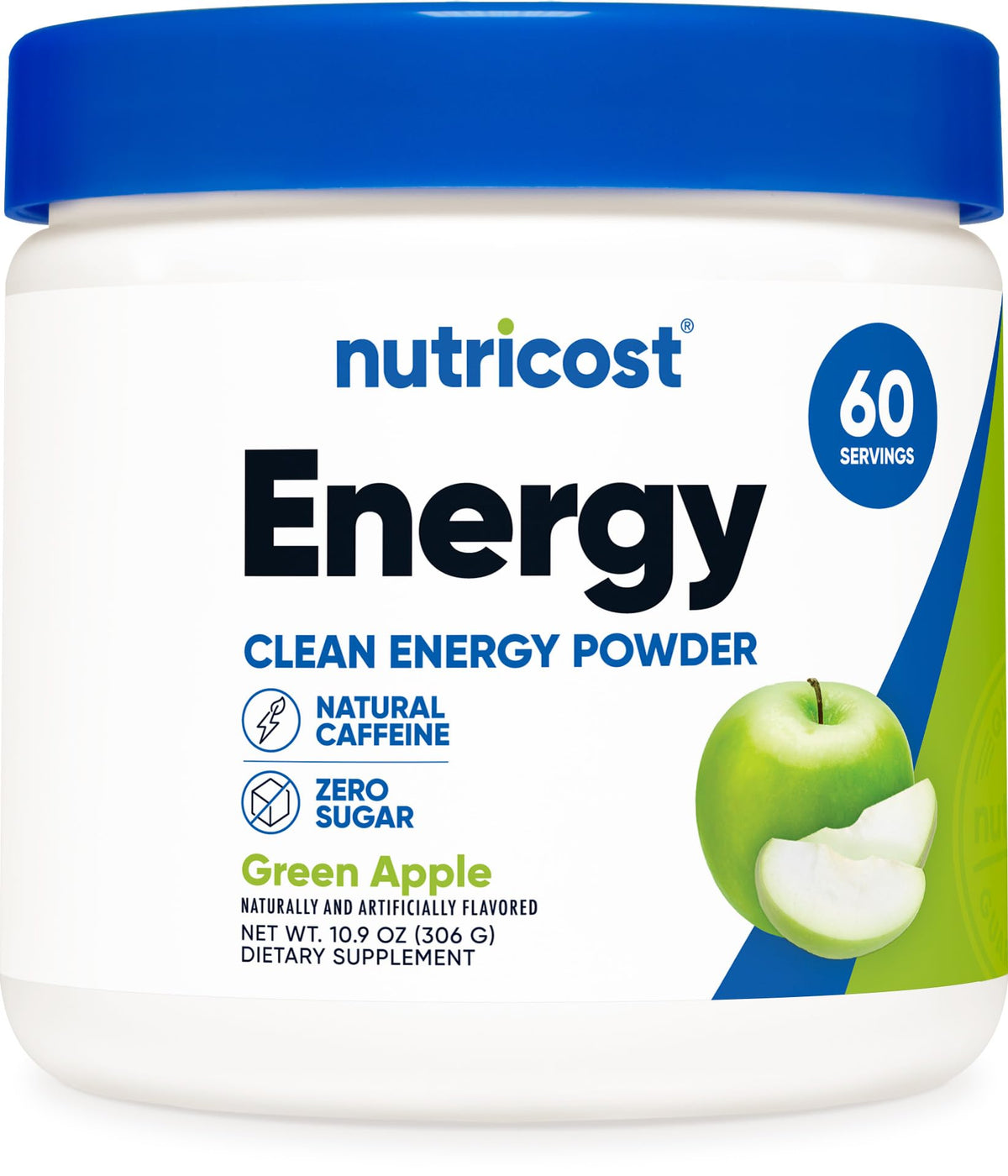 Nutricost Energy Complex Green Apple tub close-up showing label and flavor profile