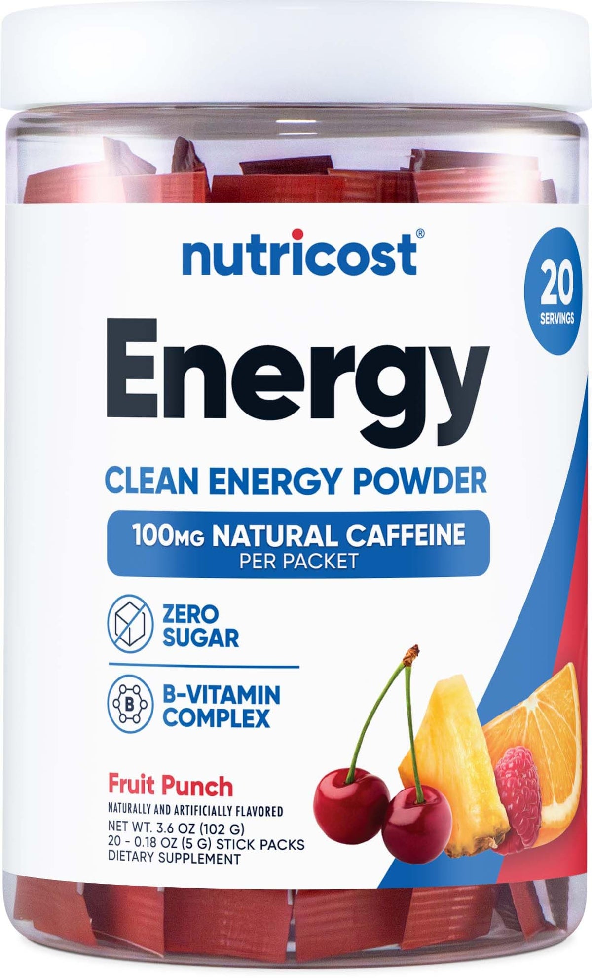Nutricost Energy Complex Stickpack fruit punch in glass shows refreshing energy boost without sugar