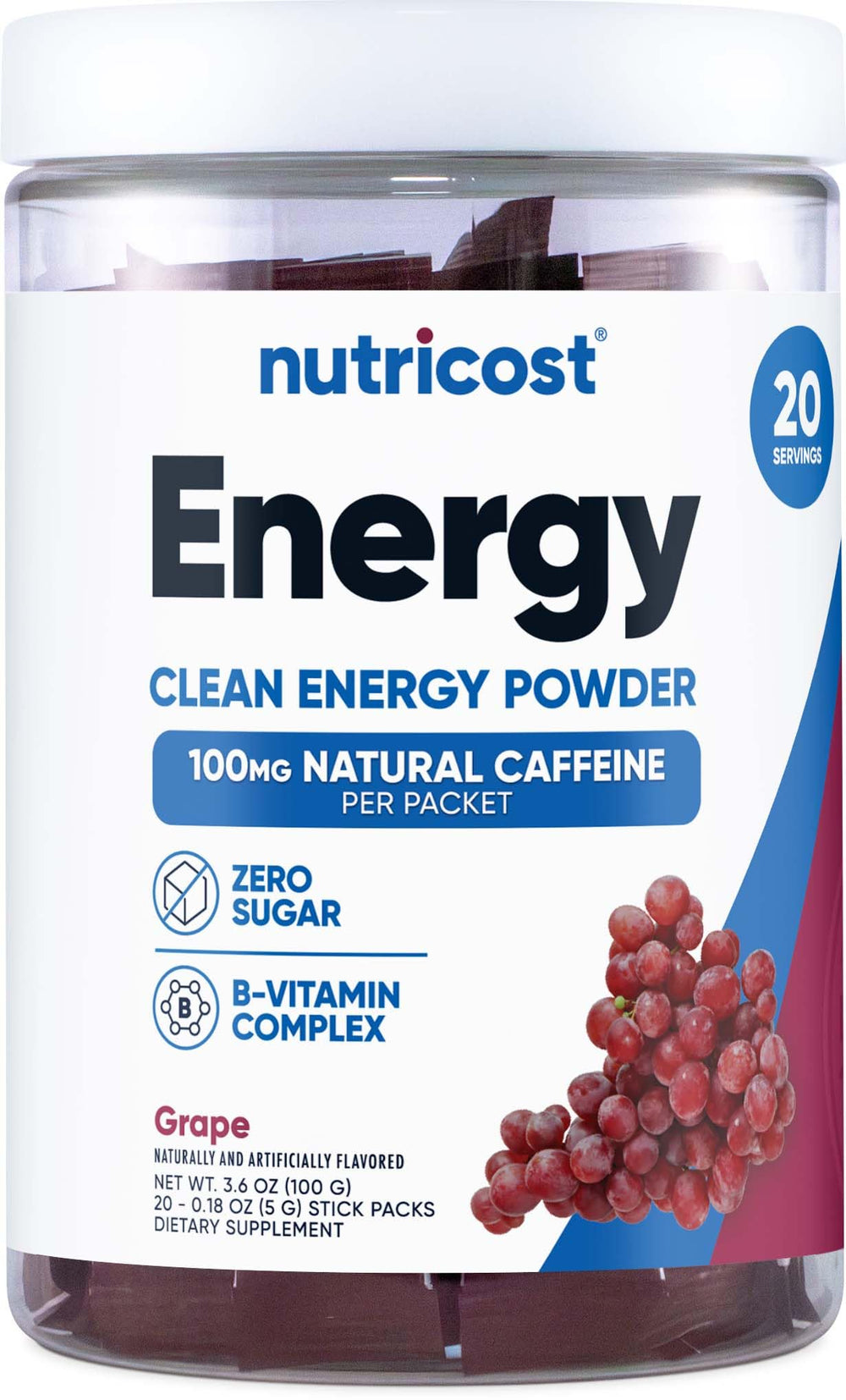 Nutricost Energy Complex Stickpack grape bottle offers on-the-go energy support