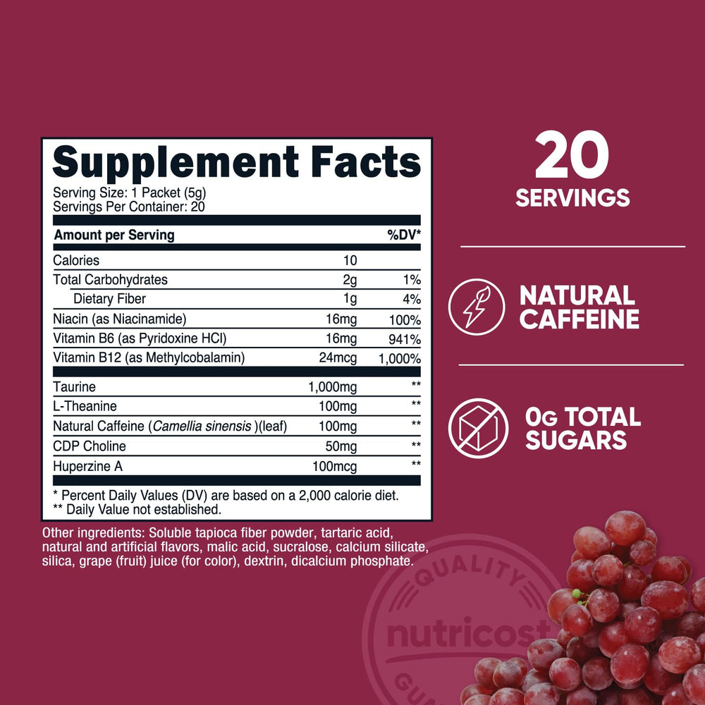 Nutricost Energy Complex Stickpack grape dissolving in water provides quick, sugar-free refreshment
