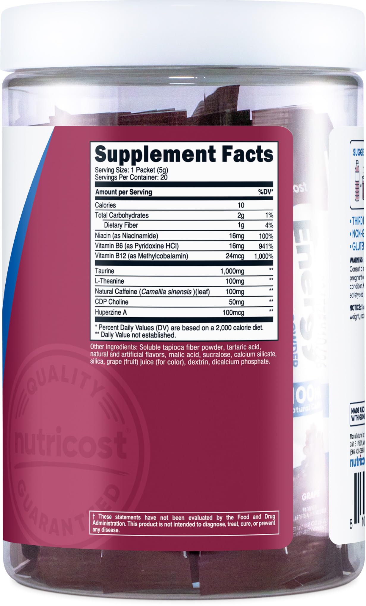 Nutricost Energy Complex Stickpack grape glass presents a refreshing, grape-flavored energy drink