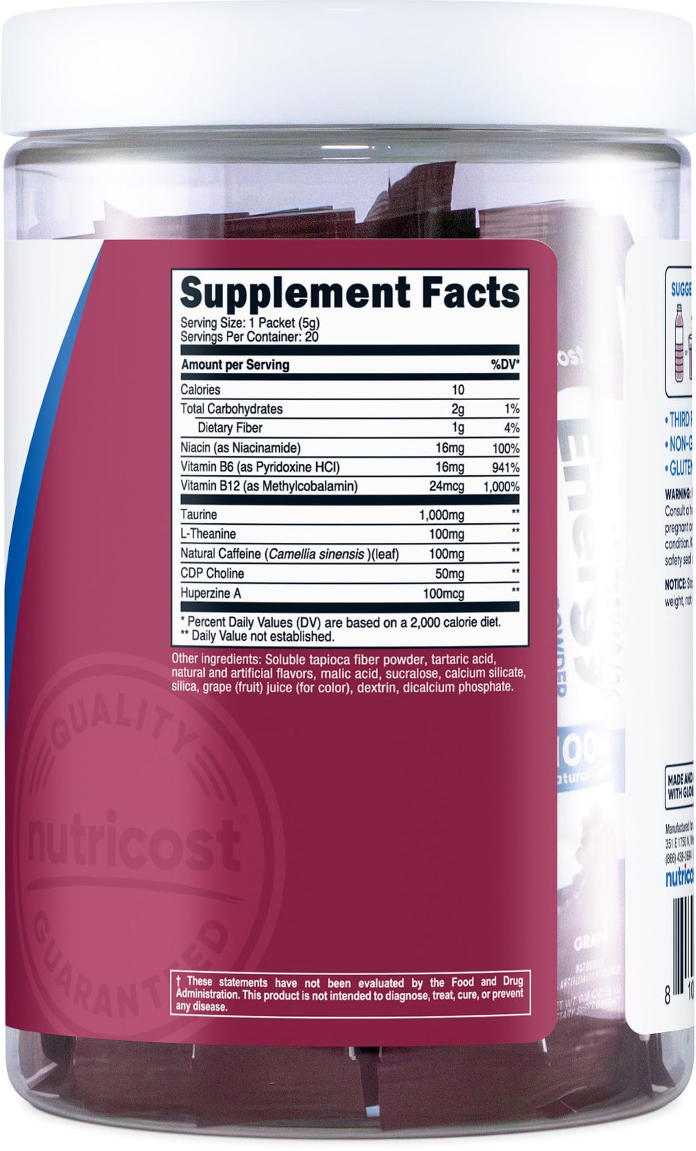 Nutricost Energy Complex Stickpack grape glass presents a refreshing, grape-flavored energy drink