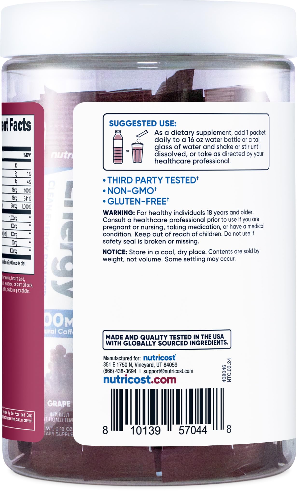Nutricost Energy Complex Stickpack grape label front highlights gluten-free and non-GMO ingredients