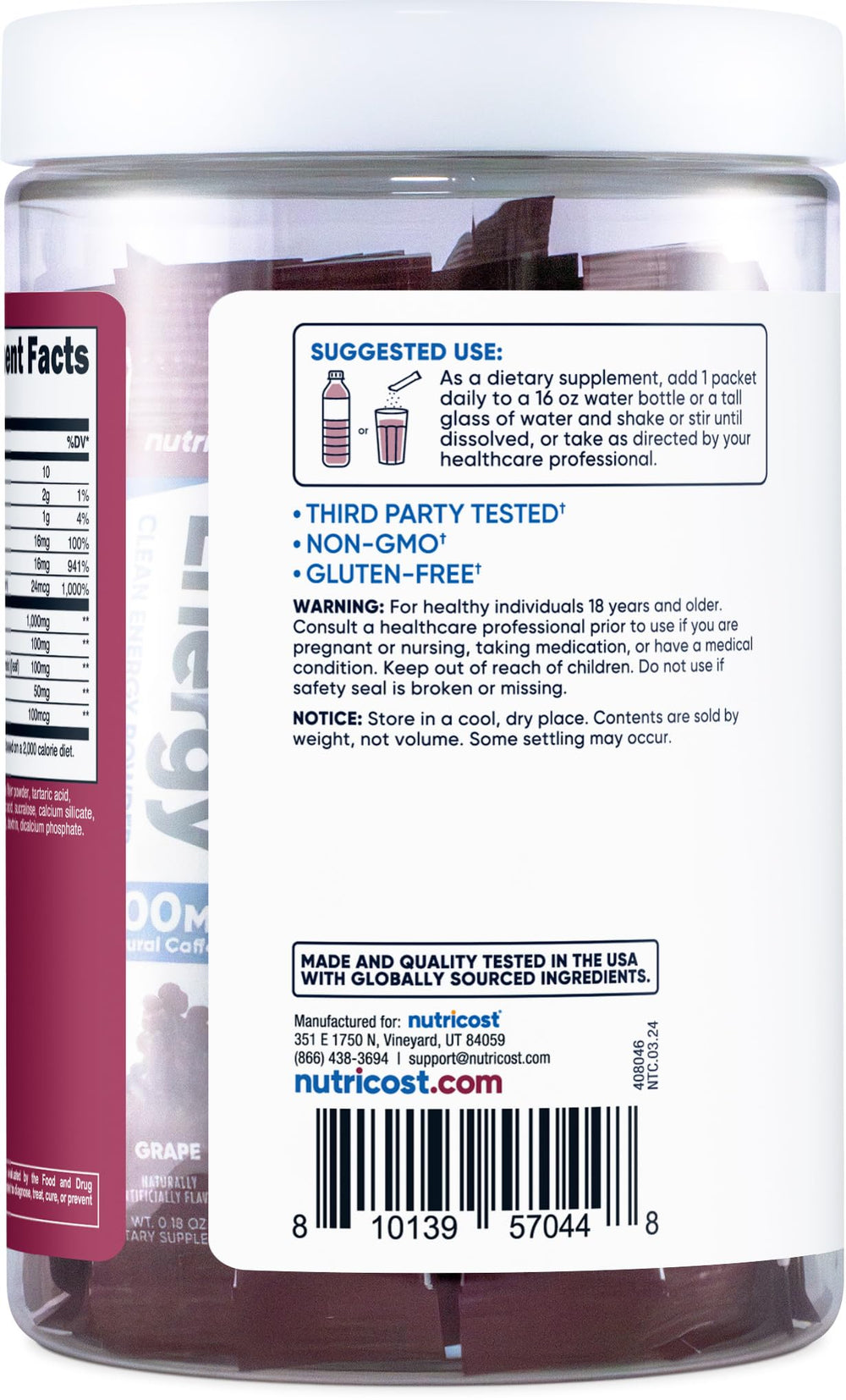 Nutricost Energy Complex Stickpack grape label front highlights gluten-free and non-GMO ingredients