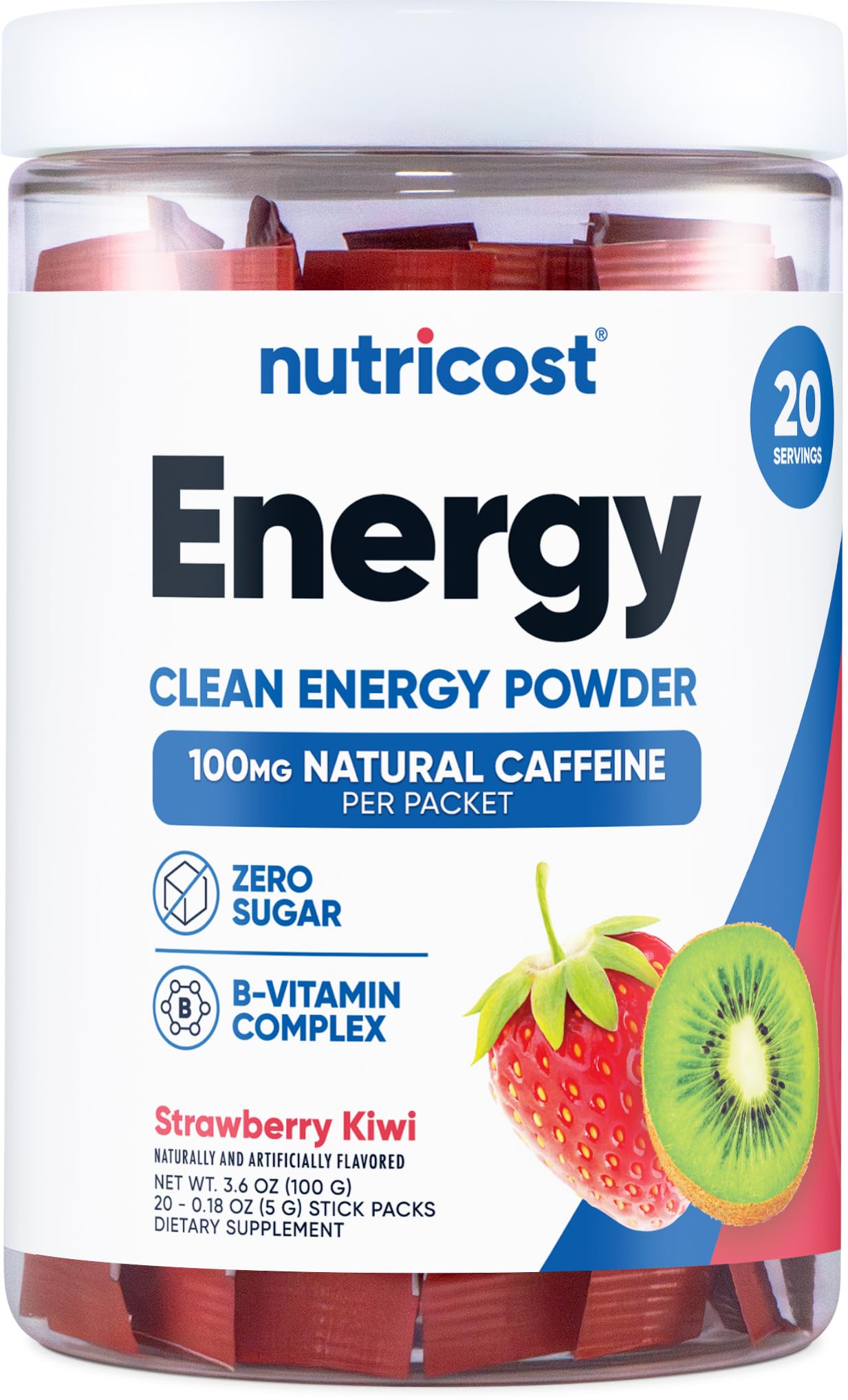 Nutricost Energy Complex Stickpack Strawberry Kiwi bottle pour for quick, refreshing energy on the go