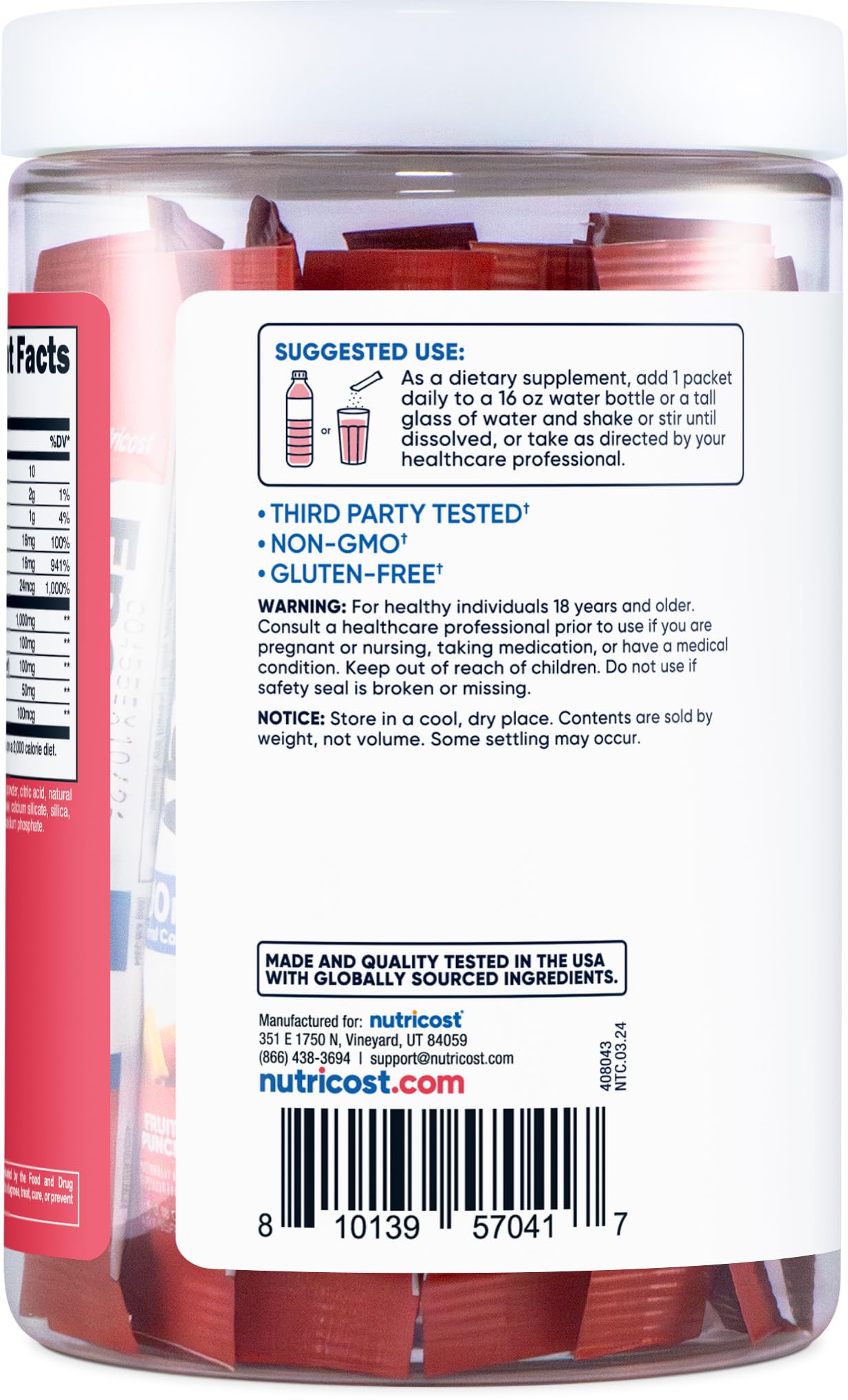 Nutricost Energy Complex Stickpack Strawberry Kiwi clearly labeled ingredients on pack