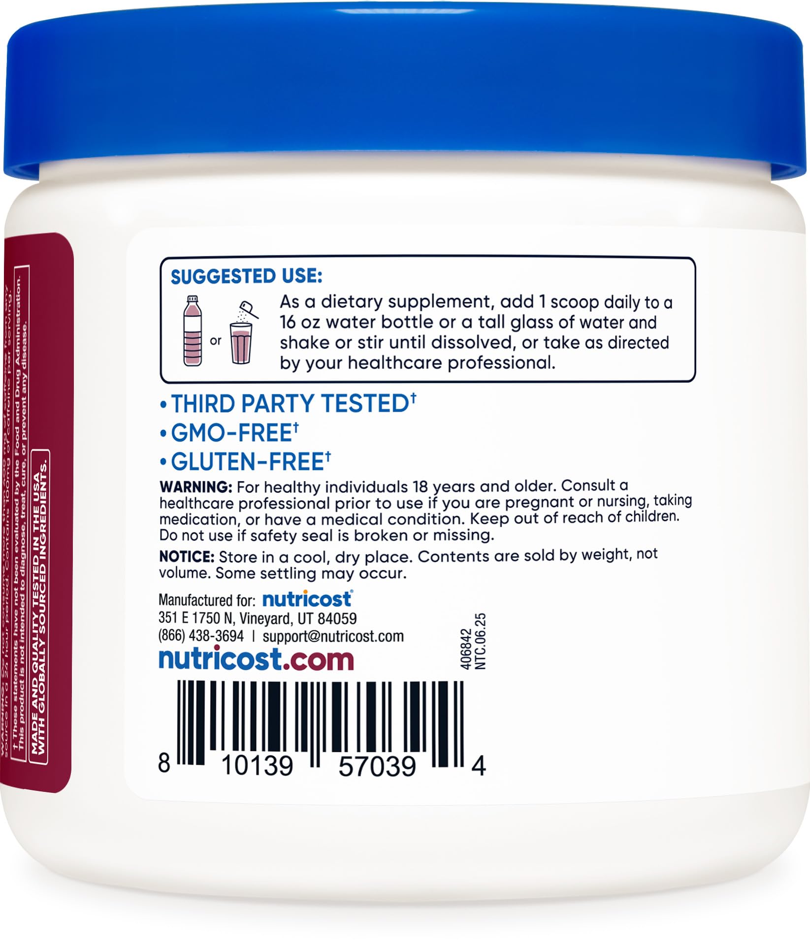 Nutricost Energy Drink Powder grape ingredient label highlights non-GMO and gluten-free.