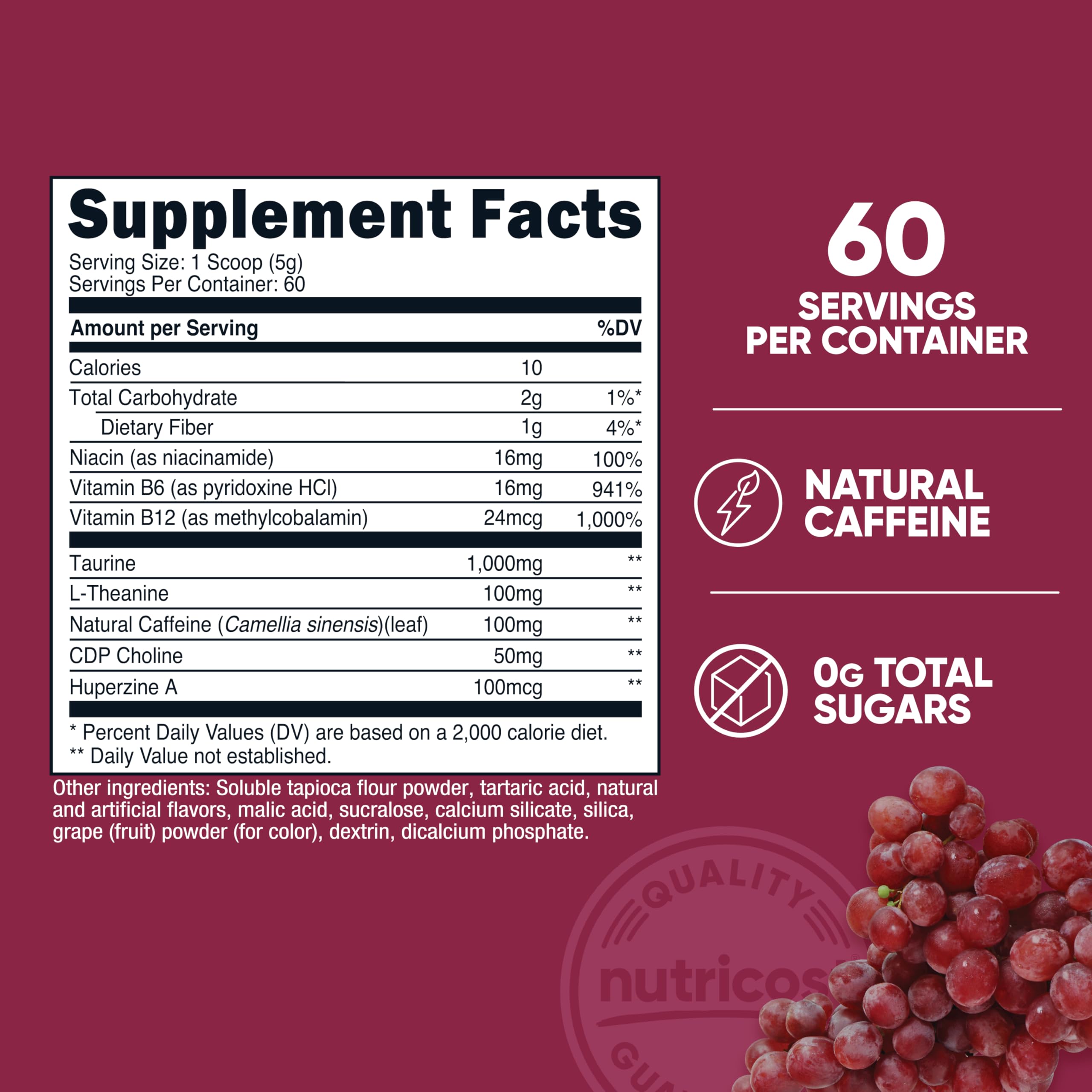 Nutricost Energy Drink Powder grape scoop shown for easy mixing.